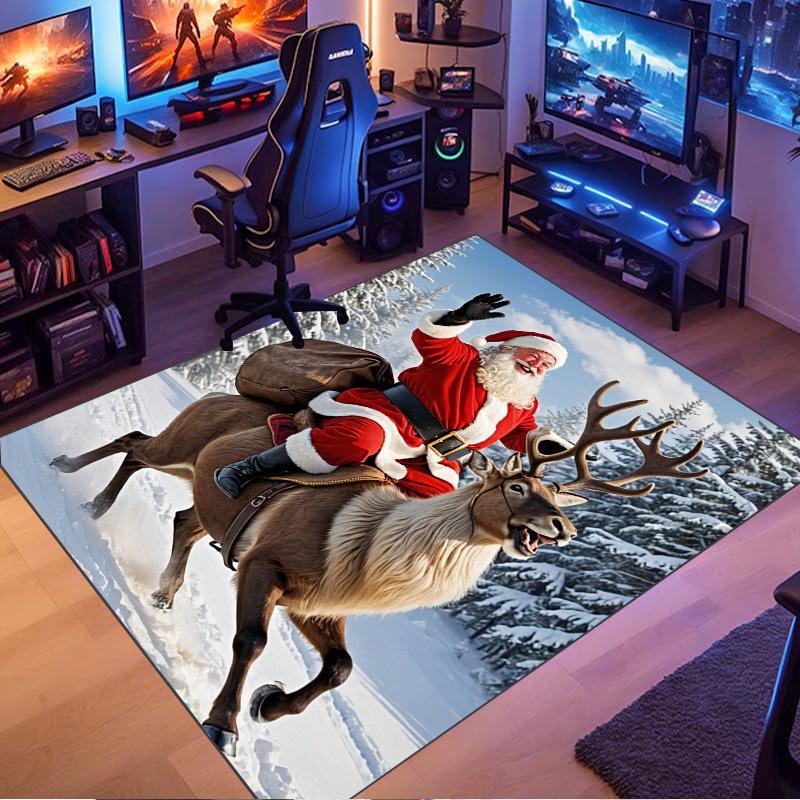 Santa Claus Riding Reindeer Snow Winter Forest Scene Print Area Rug Non‑Slip Rectangular Floor Mat Home Decor