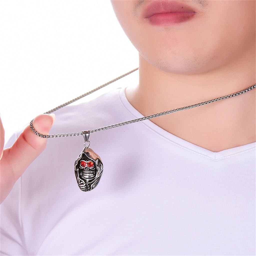 Santa Muerte Skull Pendant Necklace Stainless Steel with Red Zircon Eyes Our Lady of Holy Death Mexican Grim Reaper Punk Jewelry
