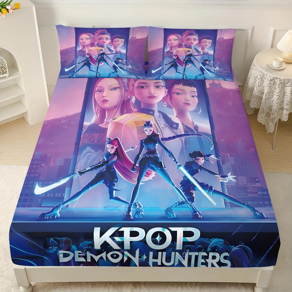 3pcsK-Pop Demon Hunters Printed coreless Fitted Sheet Set Multi Size Soft Bed Cover Bedroom Bedding Decoration Machine Washable