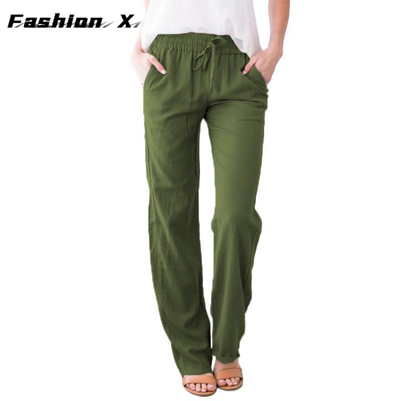 Pantaloni da donna larghi a gamba larga tinta unita cotone lino coulisse pantaloni casual
