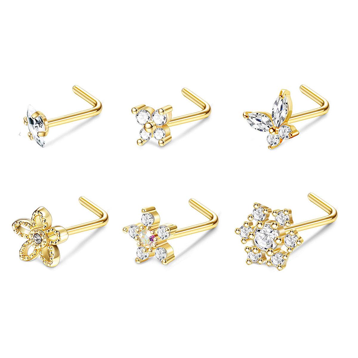 

Набор из 6 шт. пирсинга в нос с цирконами AAA+ CZ, длина ношения 7 мм, стильные повседневные модные женские аксессуары