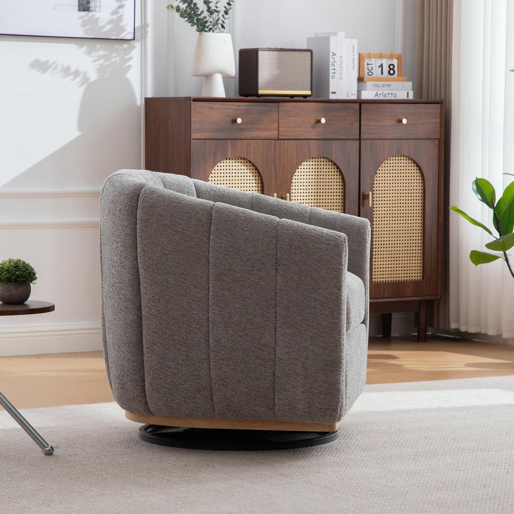 Chenille Upholstered Stool with Metal Base, 360 Degrees Swivel Function, Tassel Trim, Pumpkin-Shaped Club Chair for Living Room, Bedroom, Lounge, Gray