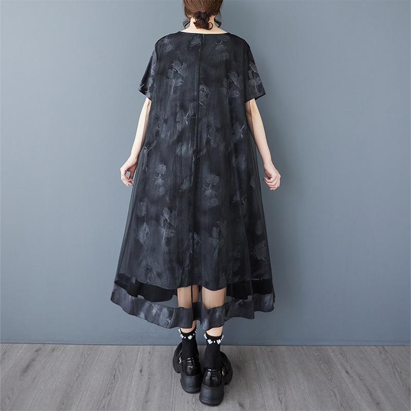 Kortärmad Plus size Svart mesh vintage ny i klänningar för kvinnor avslappnad lös lång sommarklänning