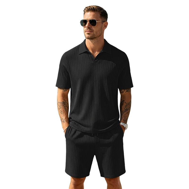 Men's Summer Beach Outfits 2 Pcs Jacquard Knit Lounge Short Sleeve Shirts and Shorts Vacation Texture Sets