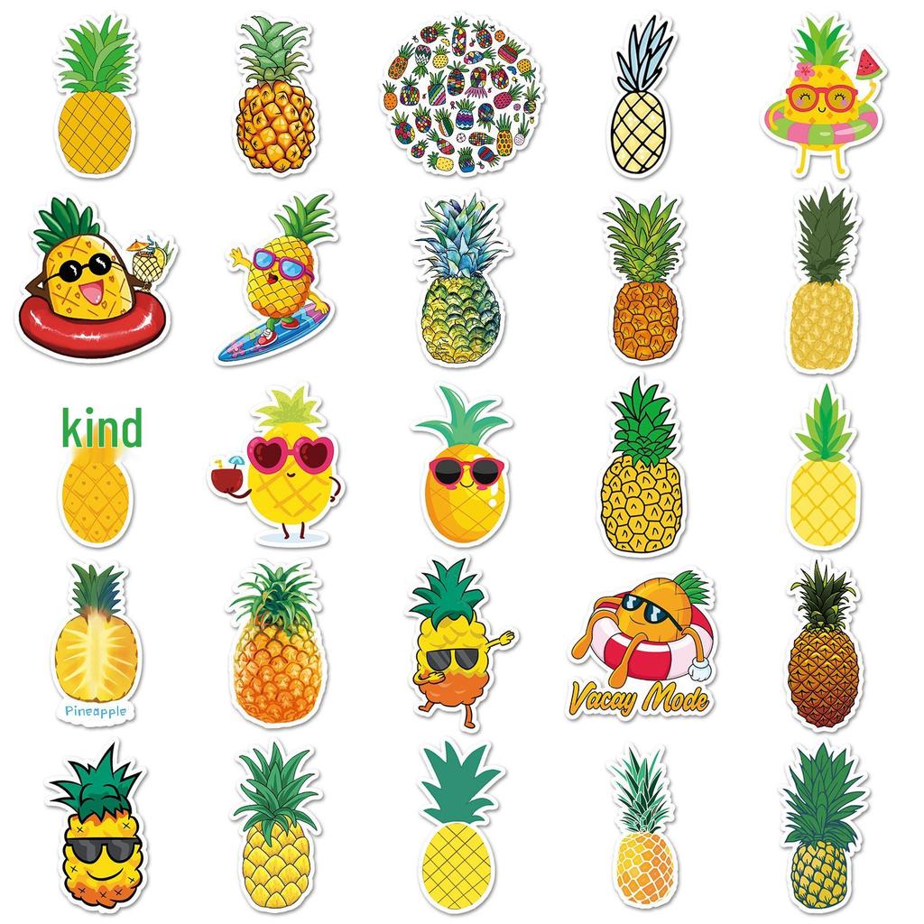 Pineapple Cartoon Waterproof Stickers - 50 Sheets for Phone, Water Bottle & Stationery Decoration