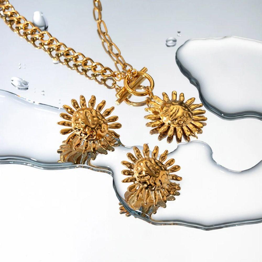 Waterproof Gold Plated Clavicle Chain Stainless Steel Round Charm Pendant Choker  Birthday