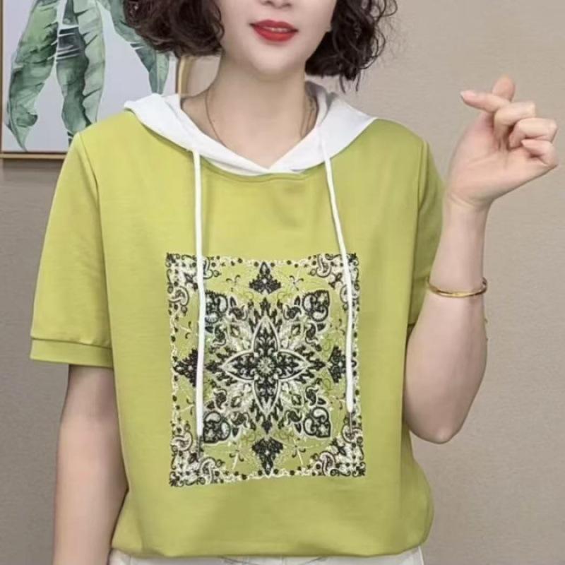 Women's Hooded Short Sleeve Loose Fit Top Casual Colorblock Summer T-Shirt
