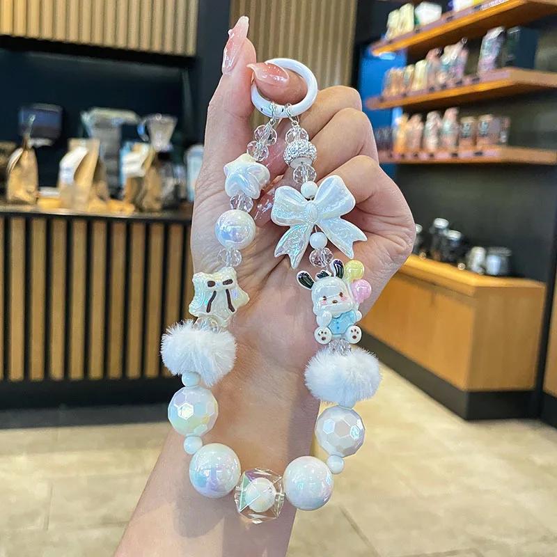 Cute Bowknot Hairball Phone Chain Sanrio Hello Kitty Melody Cinnamoroll Kuromi Keychain Bag Pendant Kawaii Hand Drawn Bead Gift