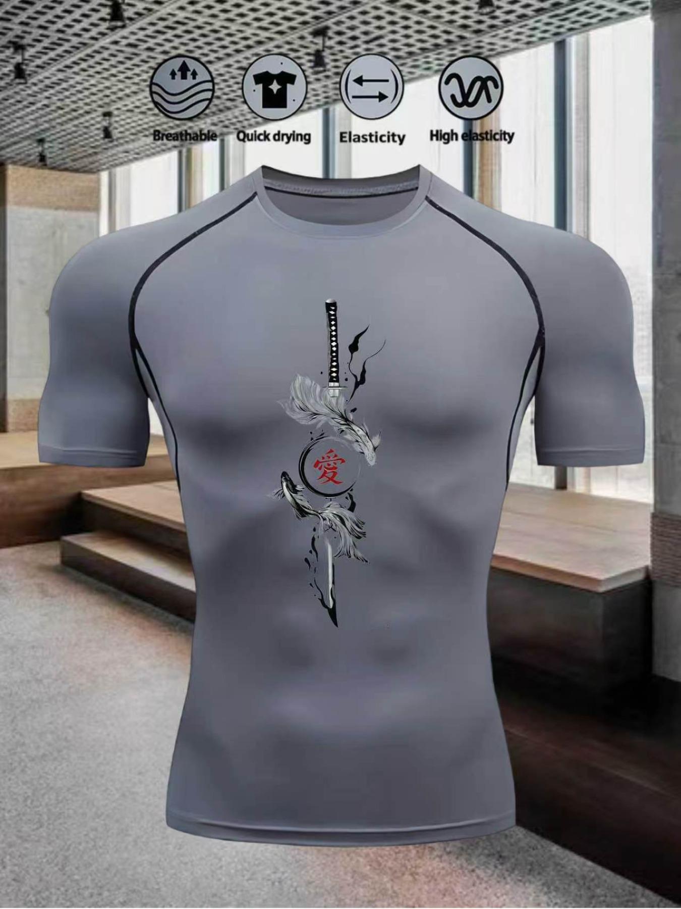 Men s Compression Shirt Quick Dry Navy Blue Gym T-Shirt Katana Samurai Print Workout Sportswear S серый