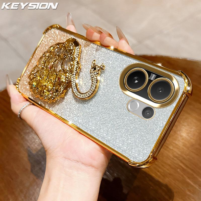 KEYSION Shockproof Plating Phone Case for VIVO V60 5G Clear Soft TPU Glitter Jewelled Swan Kickstand Back Cover for VIVO V60