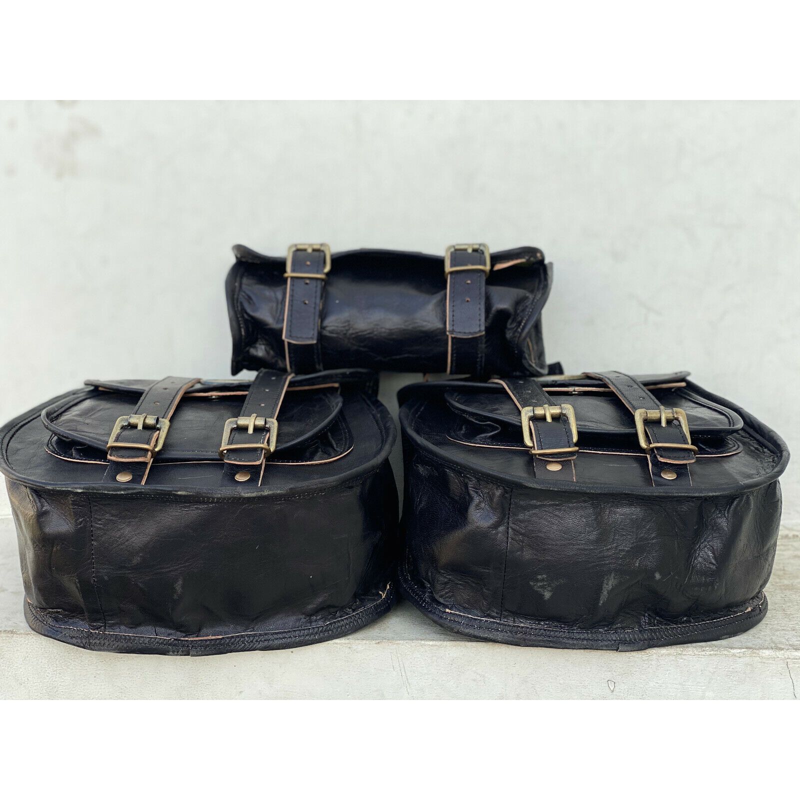 

Новое кожаное черное мотоциклетное комбинированное седло, 3 сумки, седельная сумка, 3 боковые сумки чёрный