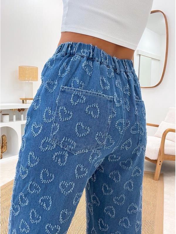 2025 Women's Heart Crochet Washed Straight-Leg Jeans - Autumn/Winter Casual Comfort