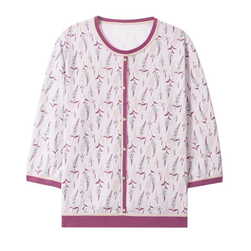 Elegant Ice Silk T-Shirt: Spring/Summer Loose-Fit for Middle-Aged Women - 3/4 Sleeves, Age-Reducing Design