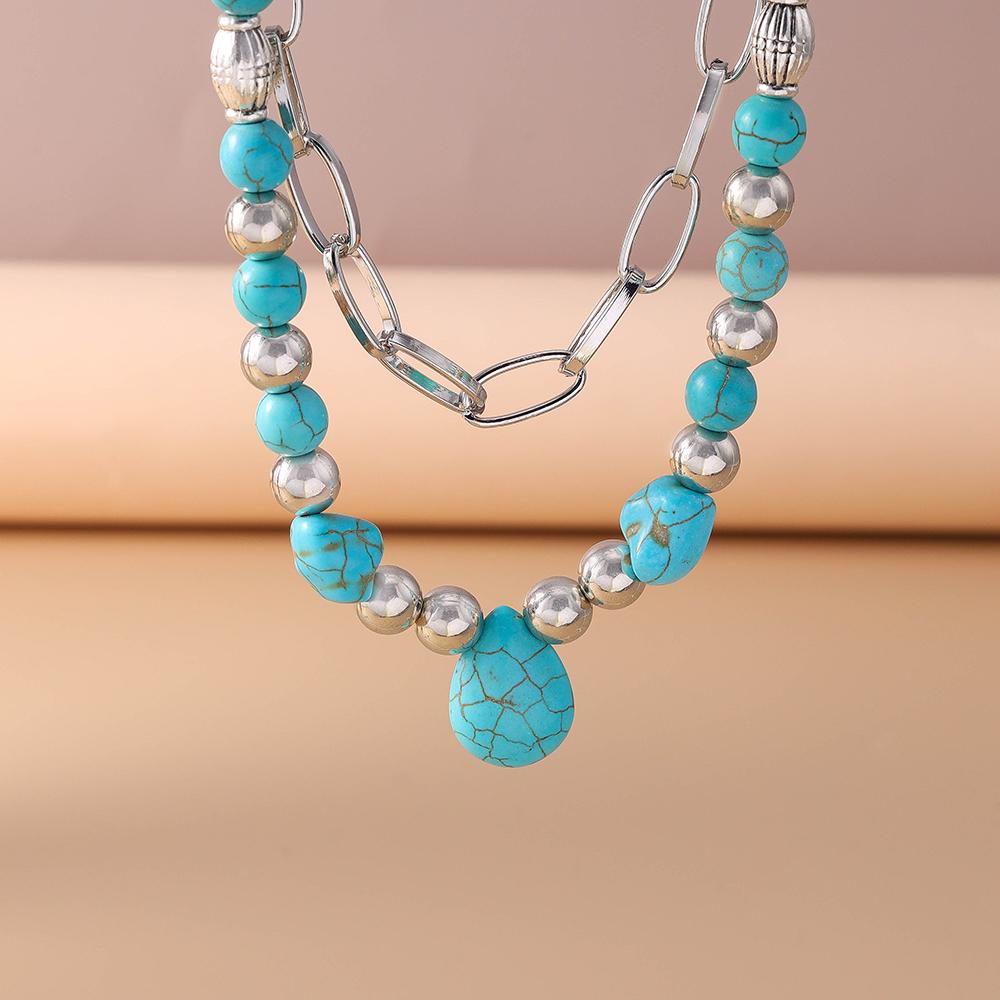 2pcs Ethnic Turquoise Necklace for Women Handmade Beaded Heart Necklaces Pendant Party Holiday Jewelry Gifts