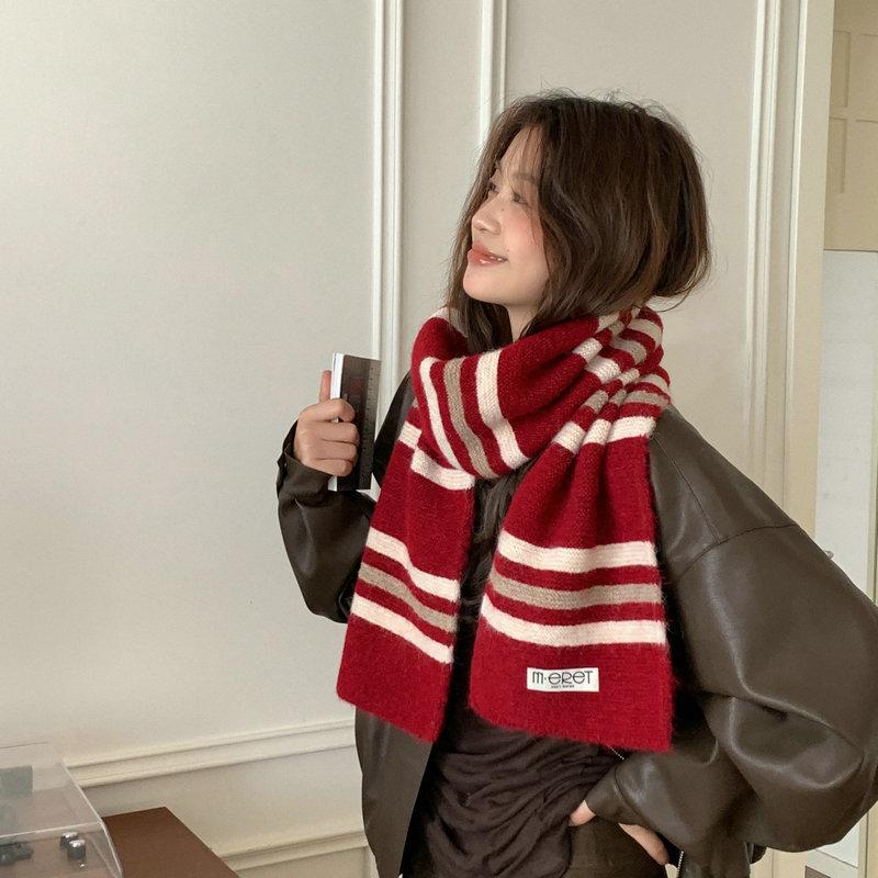 Contains knitted striped couple scarf female Korean version autumn and winter new versatile warm color matching student scarf