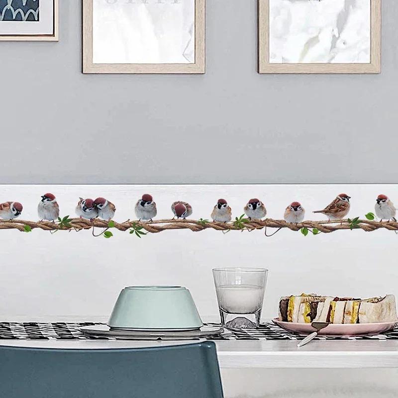 Kreslený Ratanový Pták Nástěnná Samolepka Odnímatelné Nástěnné Nálepky do Dětského Pokoje Řada Ptáků Sedí na Vinné Révě Obývací Pokoj Domácí Dekorace