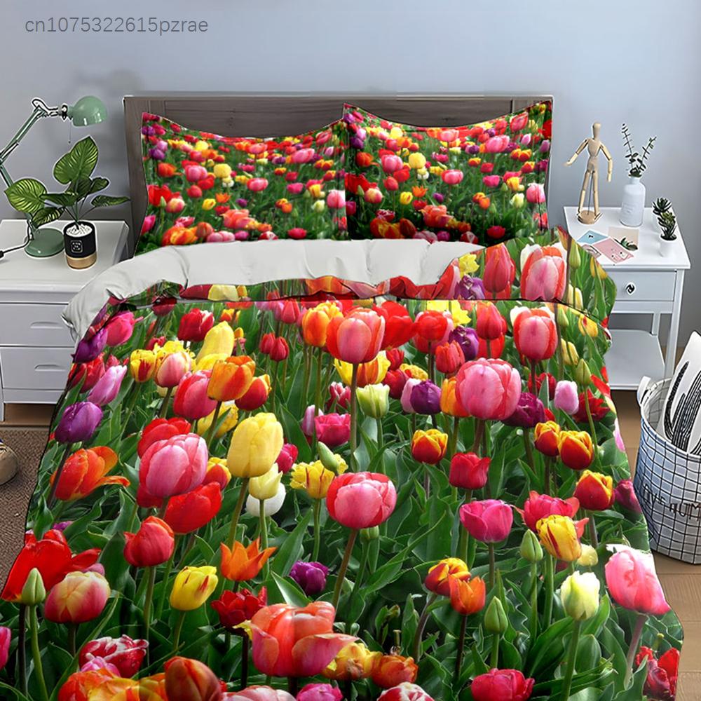"Colorful Tulip Garden Set" Multiple Sizes Kid's And Adults' Bedroom Exquisite 3PC Bedding Set, Gift