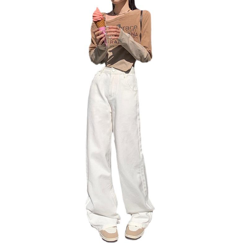2024 Spring Women's High-Waisted White Wide-Leg Floor-Length Jeans