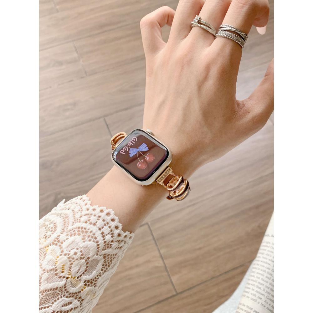 Women Metal Leather Watch Band for Apple Watch Series Ultra 11/10/9/8/7 SE Splice Leather Strap for 38 40/41/42/44/45/46/49mm Replacement Bracelet