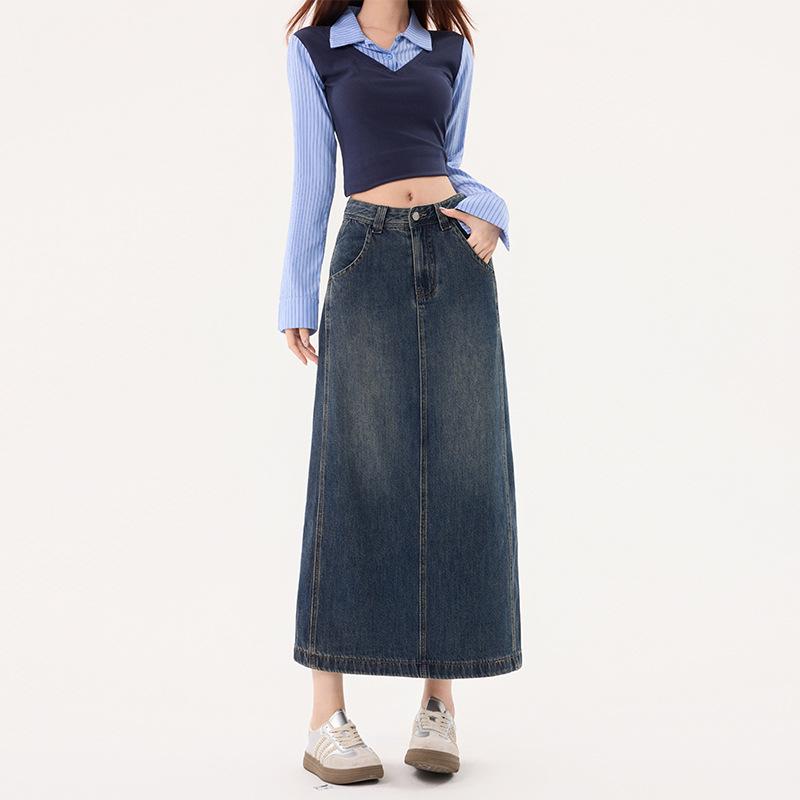 American Retro High Waist A-Line Denim Skirt with Slit and Patchwork - Spring 2026 Collection L