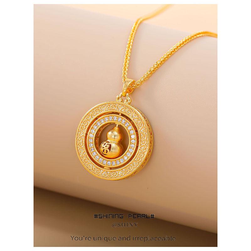 Hollow Diamond Gourd Fu Pendant Necklace – Retro Luxury Rotatable Sweater Chain for Men & Women
