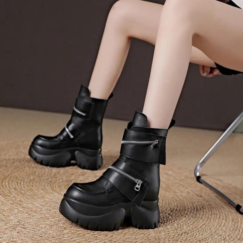 Fashion 10cm New Microfiber Genuine Leather Platform Motorcycle Ankle Knee High Booties Shoes Sneakers Chunky Platform Women Women