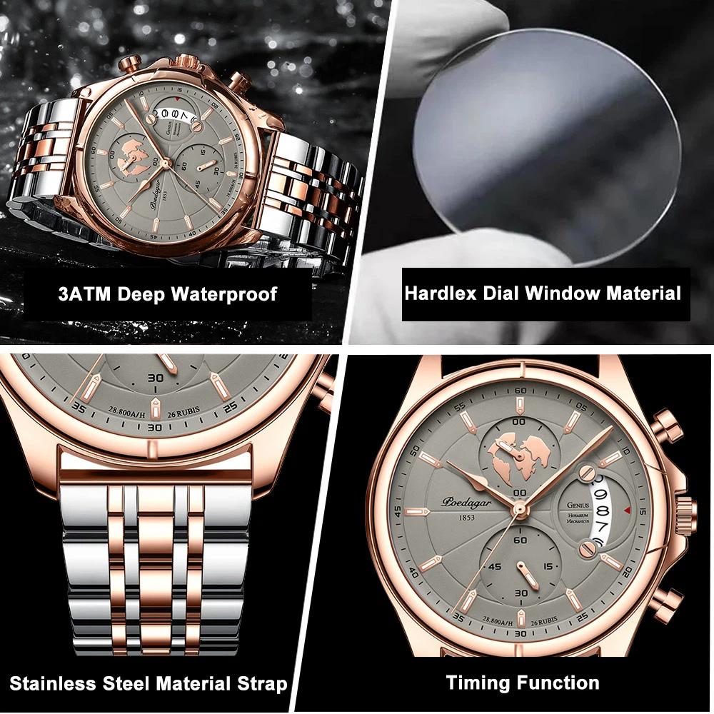 POEDAGAR Top Original Men Watch Chronograph Waterproof Date Quartz Luxury Watches Stainless Stain Business Male Wristwatch