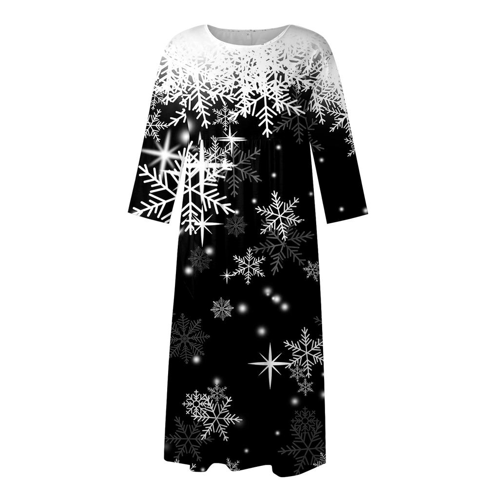 Dámské ležérní midi šaty s kulatým výstřihem a vánočním potiskem, s dlouhým rukávem a kapsou