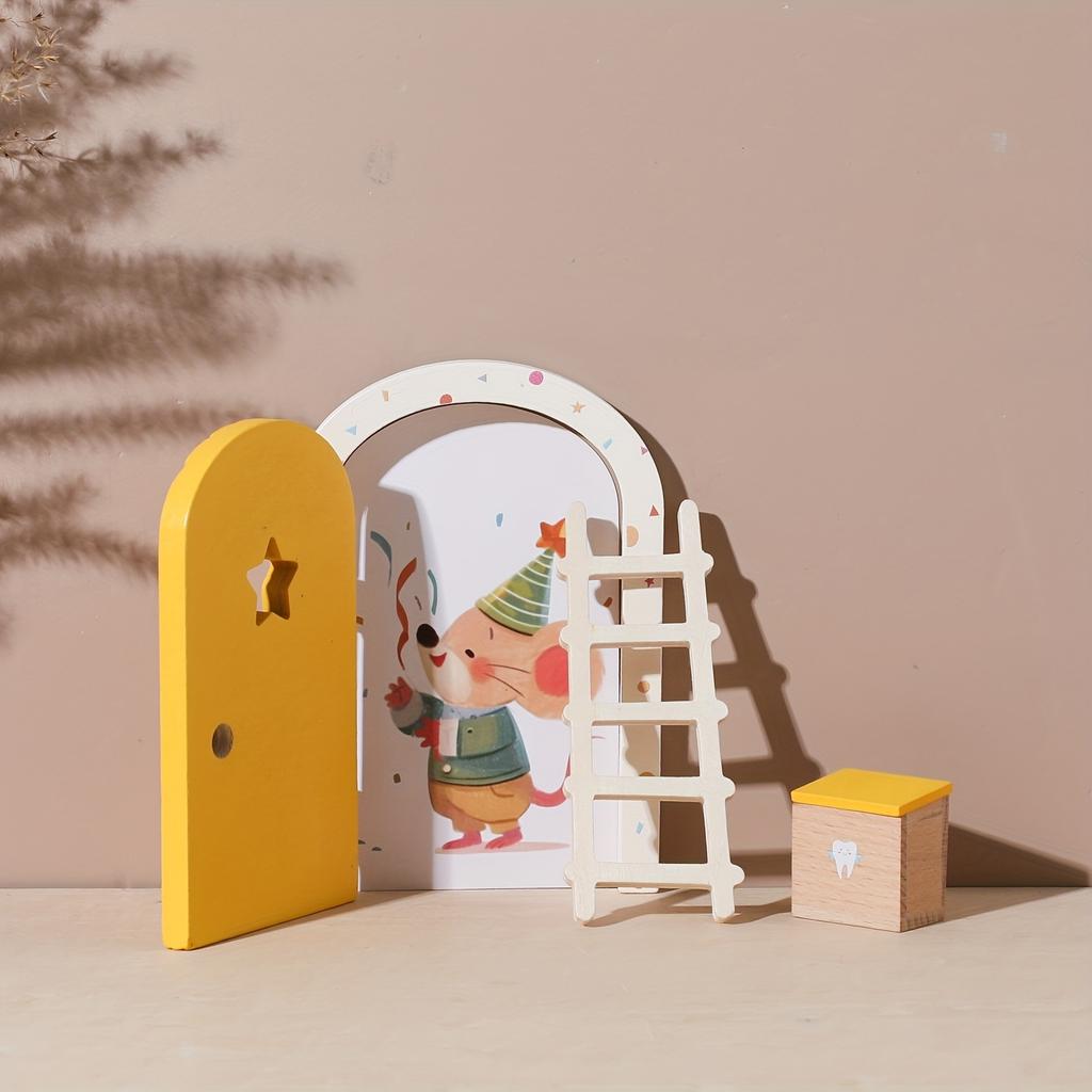 Hölzerne Cartoon-Feentür, Mini-Leiter-Dekoration für Feentür-Ornamente, Bunte Herz-Feentür-Heimdeko, Gedenk-Foto-Requisiten