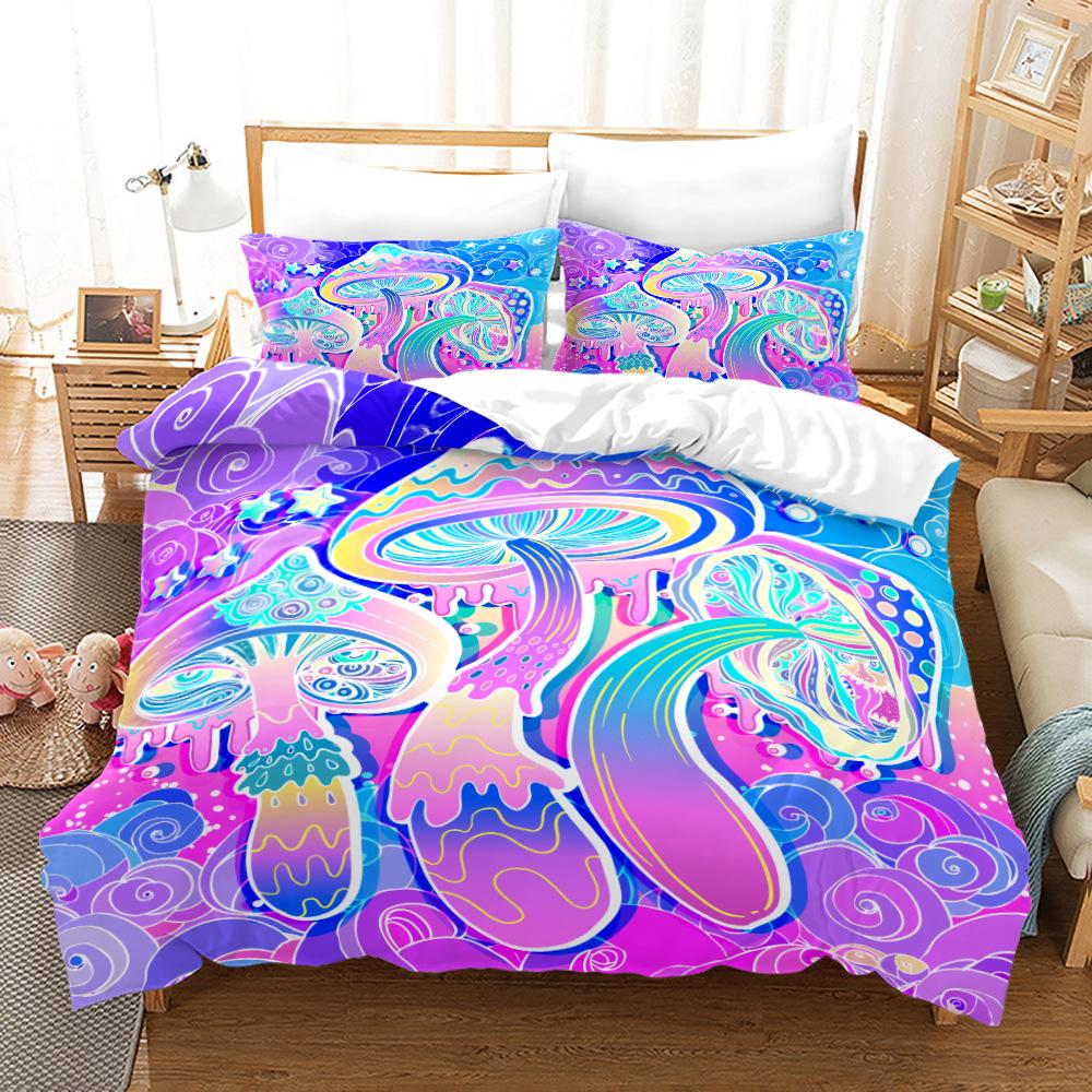 Mushroom Duvet Cover Set King Queen Size Star Purple Blue Trippy Mushroom Pattern Cartoon Polyester Bedding Set for Kid Boy Girl