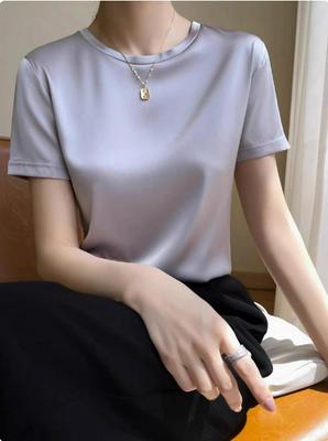 Women's Short Sleeve Imitation Silk V-Neck T-Shirt - White Satin Inner Wear Spring/Summer Top