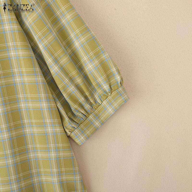 ZANZEA Women Casual Round Neck 3/4 Sleeve Loose Grid Print Blouse