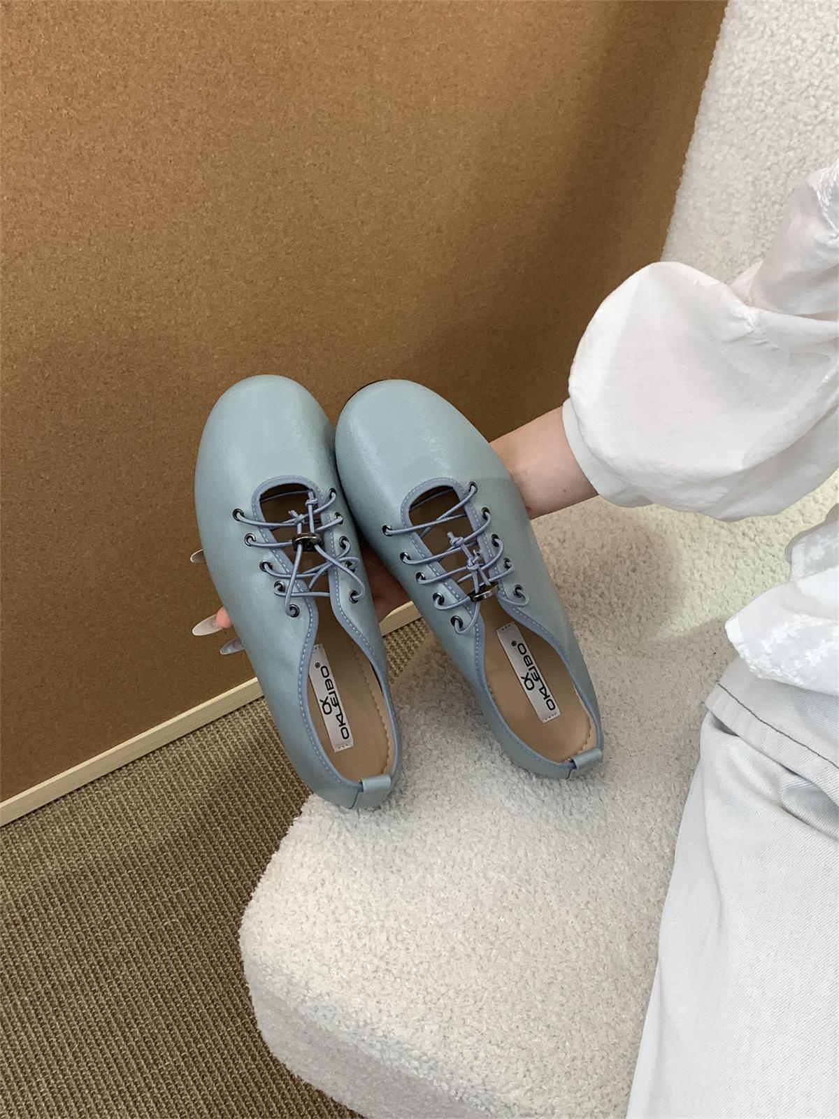 

2025 spring new women s shoes lace-up leather ballet flats casual versatile flat heel soft small leather shoes 39 синий