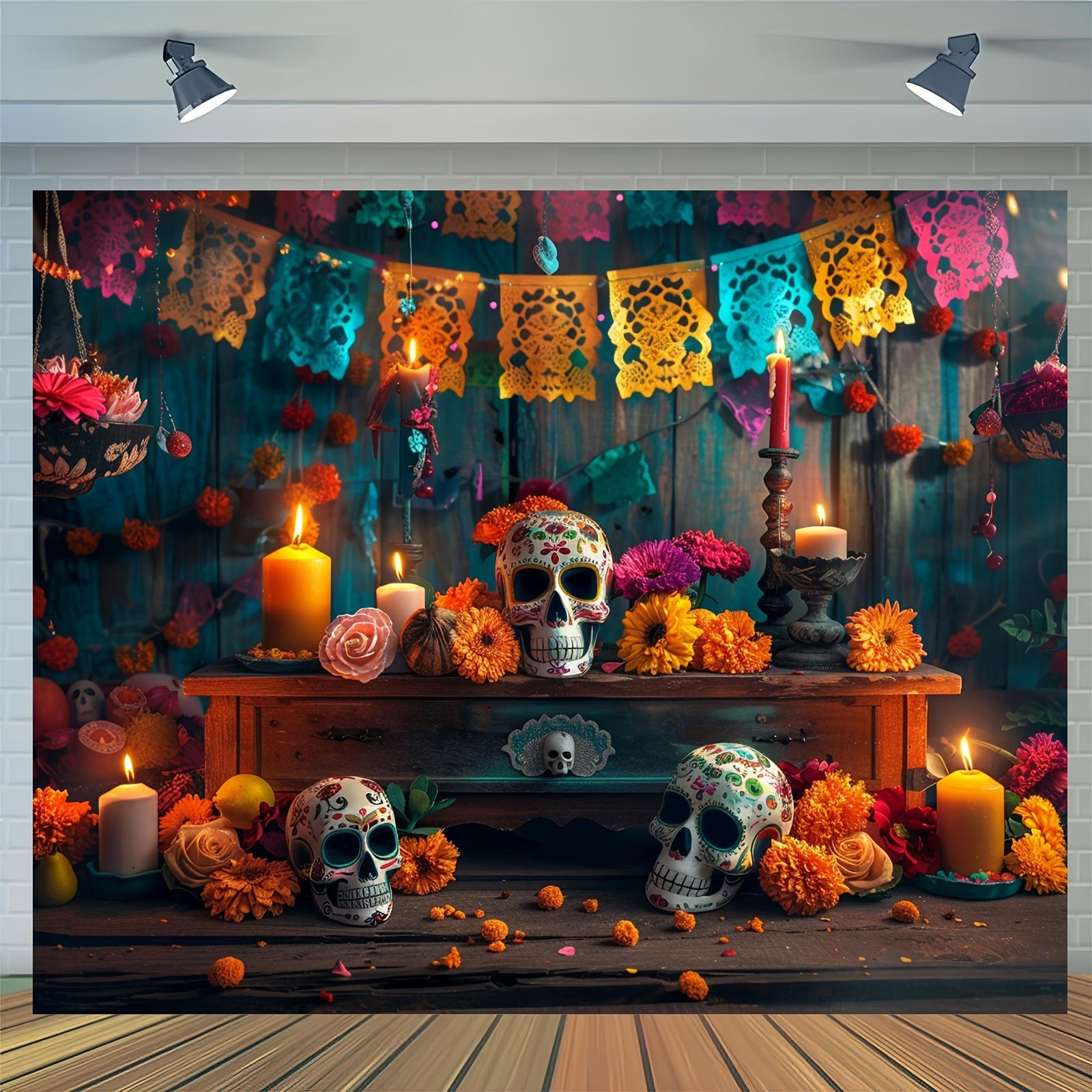 A vibrant Mexican carnival of the Day of the Dead background - decorated with colorful fly grass, candles and sugar skulls 100x150cm