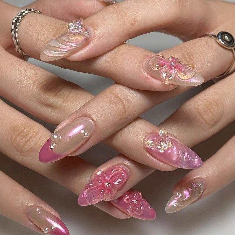 30-Piece 3D Butterfly French Almond Wearable Nails with Pearl Flower Art - European  American Style False Nails