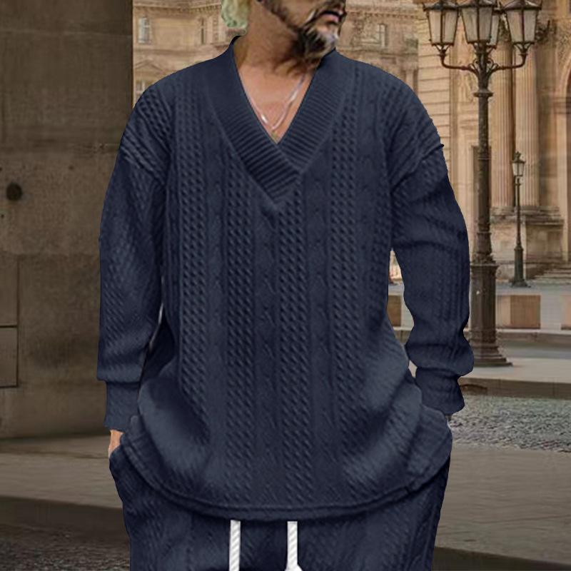 Autumn Winter Cross Border Casual Jacquard Knitwear Men's Spring and Autumn Loose Long Sleeve T-Shirt Men's V-Neck Pullover Tops
