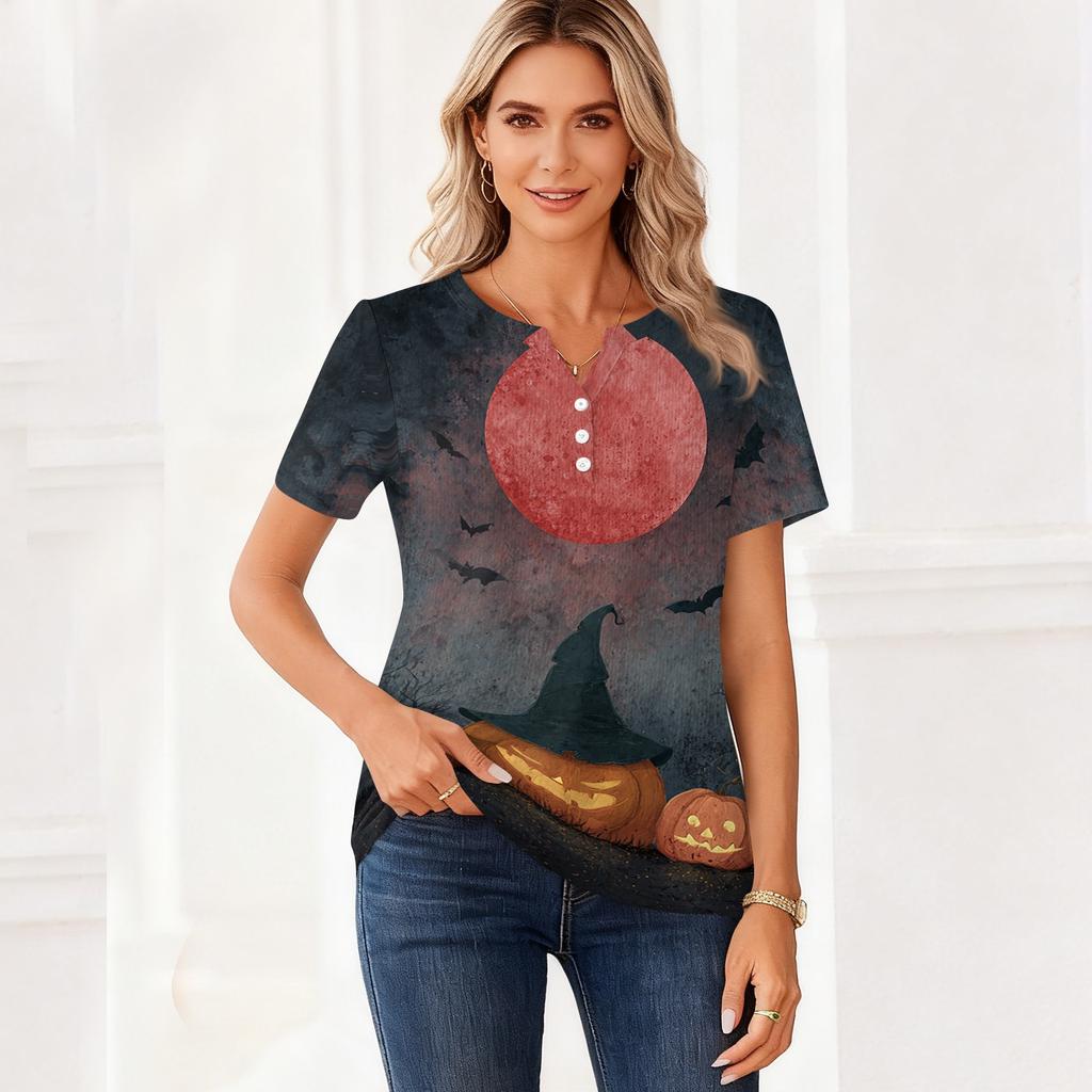 Womens Halloween Print V Neck Short Sleeve Button T Shirt Casual Loose Fit Top with Pumpkin and Bat Design Suitable for Daily Wear