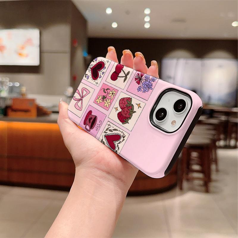 Pink Grid Collage Strawberry Cherry Heart Bow Floral Coffee Print Phone Case Coquette Cute Girly Vintage Shockproof Cover For All iphone Series