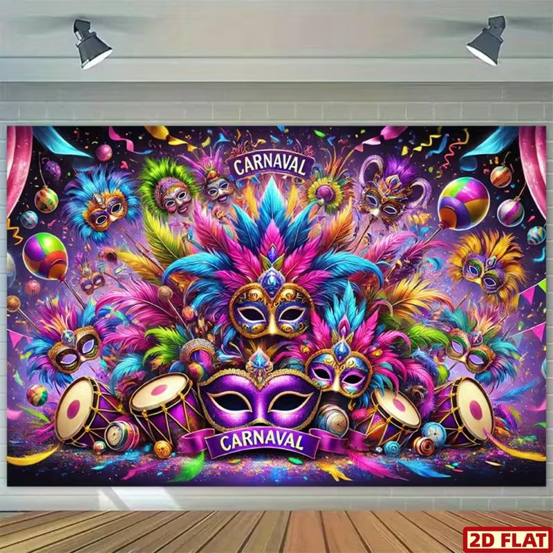 2D Carnaval Party Backdrop Vibrant Feather Mask Photo Booth Background