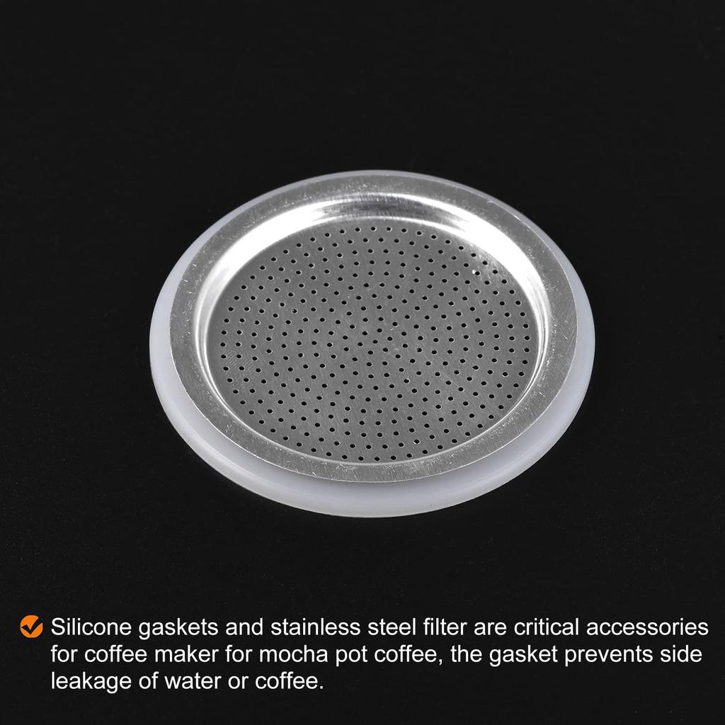 Uxcell Silicone Gasket for 3-Cup Moka Coffee Pot, 50x64mm (1 Piece) and Stainless Steel Filter Screens, 59x60mm (3 Pieces)