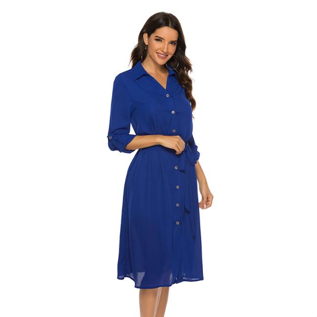 Fashion Women Belt Flared Sleeve Casual Dress Solid Color Shirt Collar V-neck Waist Tie Shirt Dress