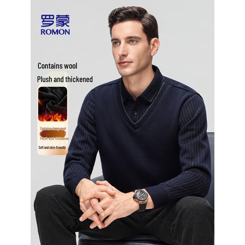 ROMON Men's Fleece-Lined Faux Two-Piece V-Neck Knit Shirt 7Z597812