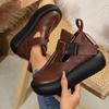 Runde Zehenpartie Dicke Sohle Leder Retro Flache Plateau-Schuhe Damen Freizeit Römisch Retro Stiefeletten Rutschfest Zapatillas De Mujer