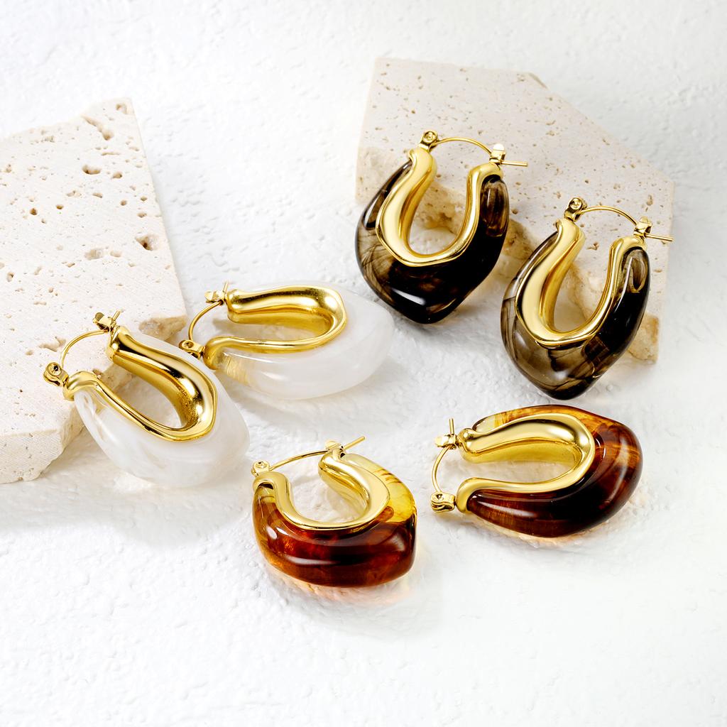 French Maillard Vintage Fashion U-shaped Resin Earrings Light Luxury High-end Stainless Steel Girls' Personalized Jewelry