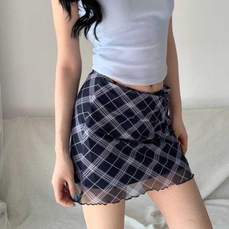 

American College Style Plaid Mesh Bow Detail Hip-Hugging Short Skirt L for ~57.5kg