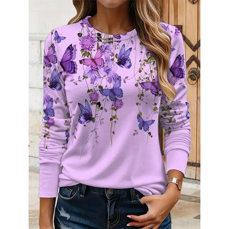 Women's 3D Butterfly Print T-shirt Fashion Long Sleeve Round Neck Regular Tops Holiday Weekend Spring and Autumn