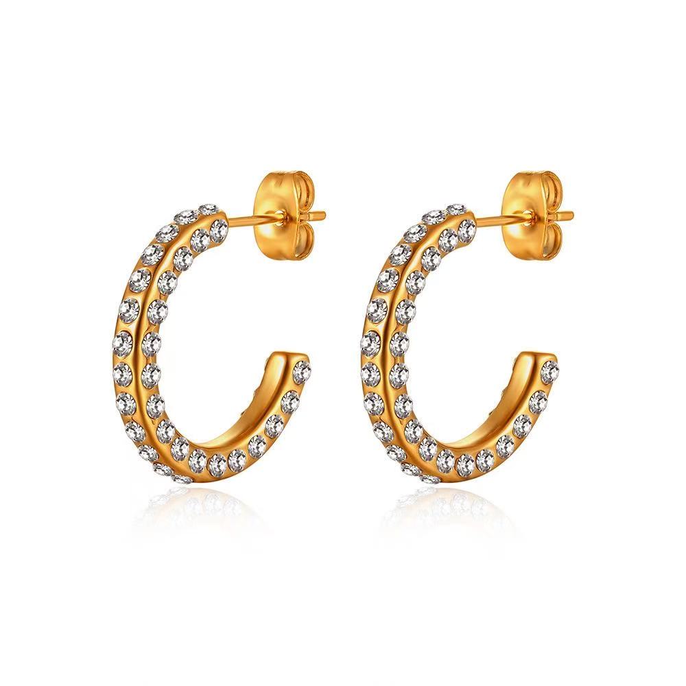 Trendy 316 Stainless Steel C-Shaped Hollow Hoop Earrings Zircon Sparkling 18K Gold Plated Lilia Women Party Occasion
