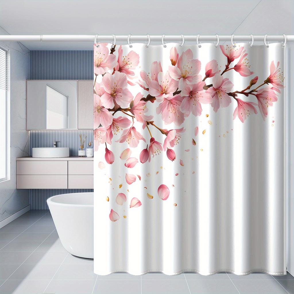 1pc White Background Flower Branch Pattern Printed Shower Curtain, Polyester Fabric with Hooks, Simple Style Window and Wall Bat