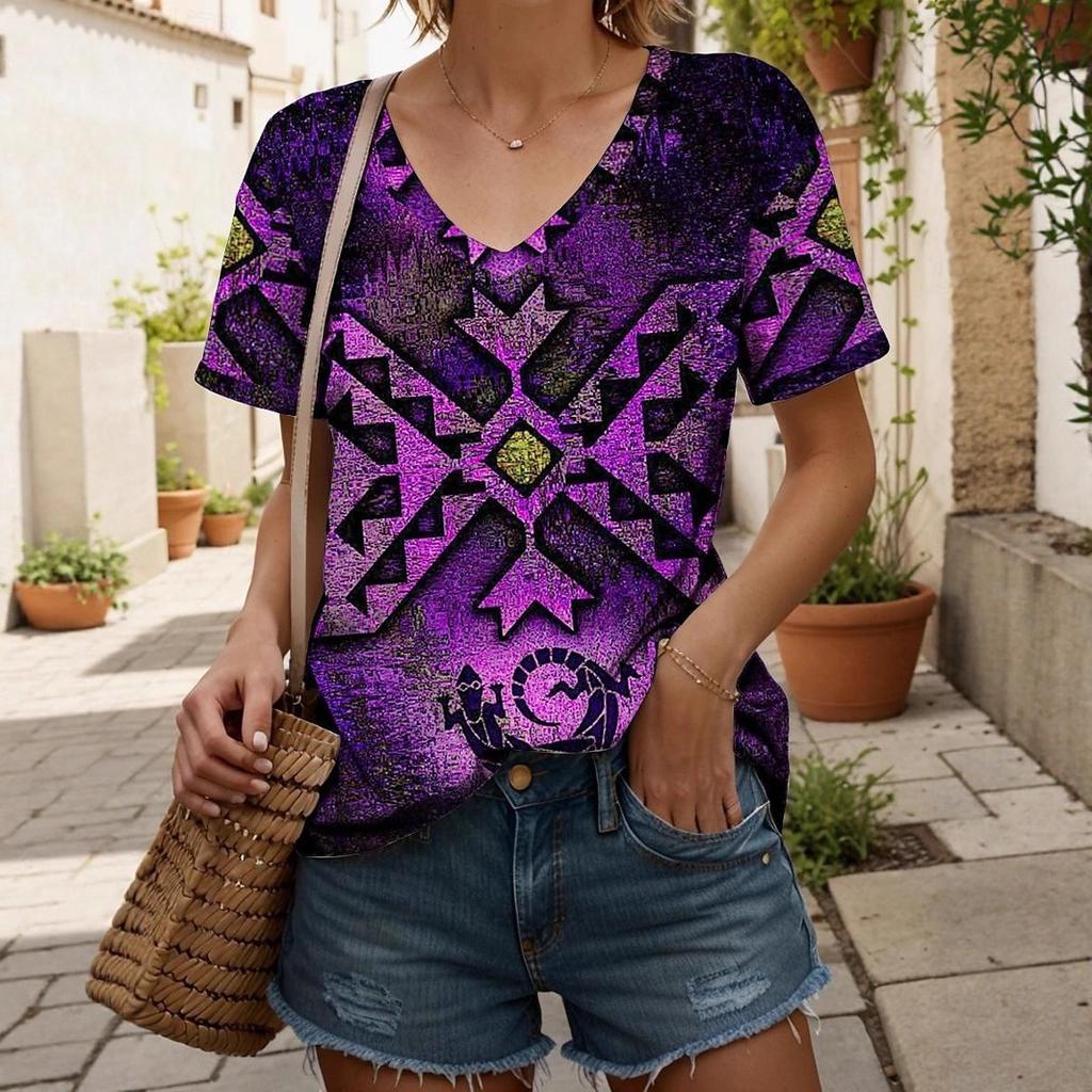 Fashionable New Casual Women's Clothing Color Pattern 3D Printed V-neck T-shirt Daily Loose Women's Short Sleeved T-shirt