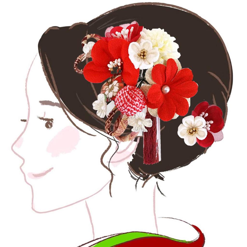 Hair Ornament Set Furisode Ceremony White Red Tsumami Crafts Crepe [Kyoto Usagido] 2-piece Coming-of-age Kk-094